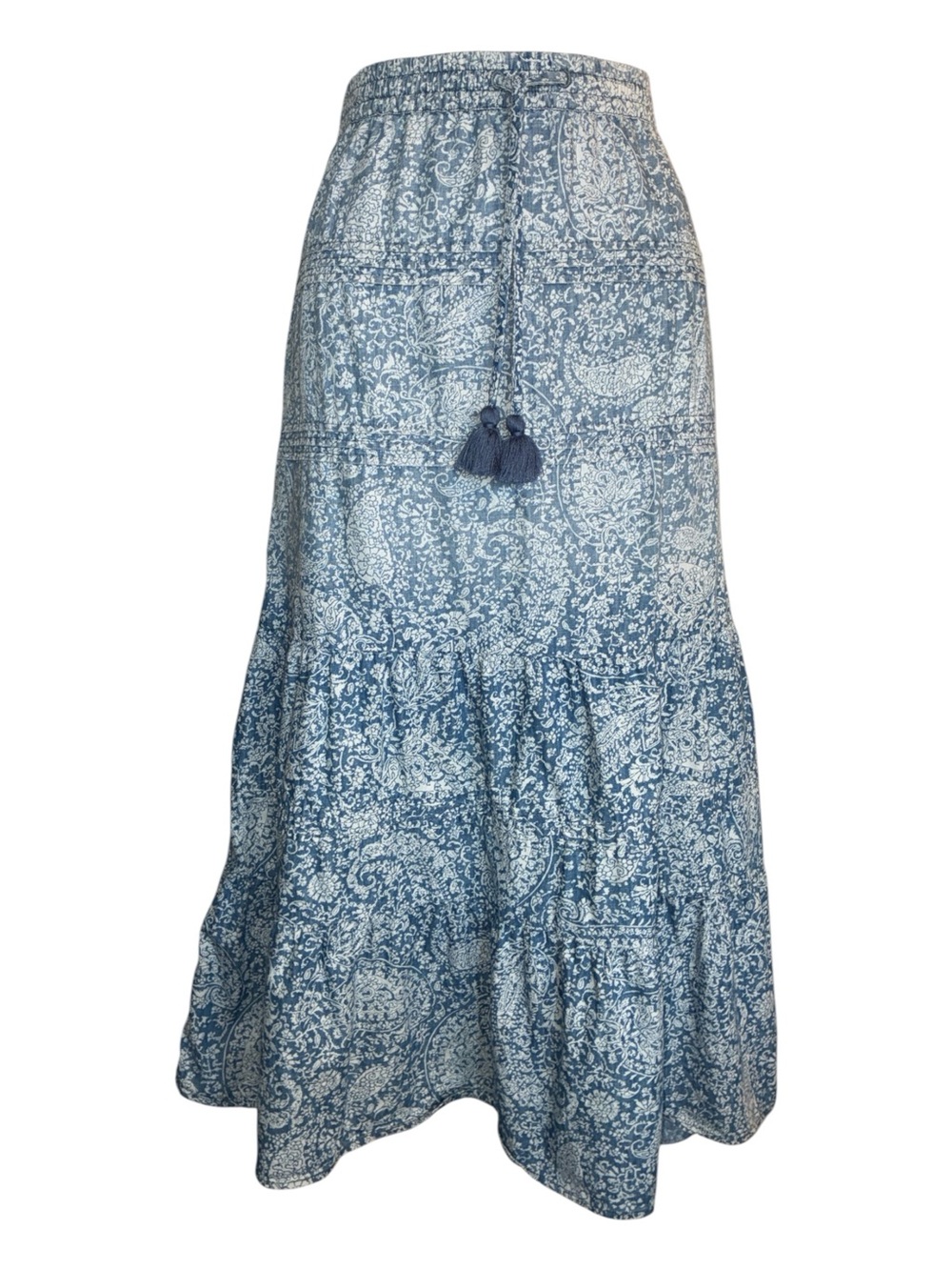 J. Jill denim prairie skirt, women's S, light wash blue, tiers, Drawstring. Euc